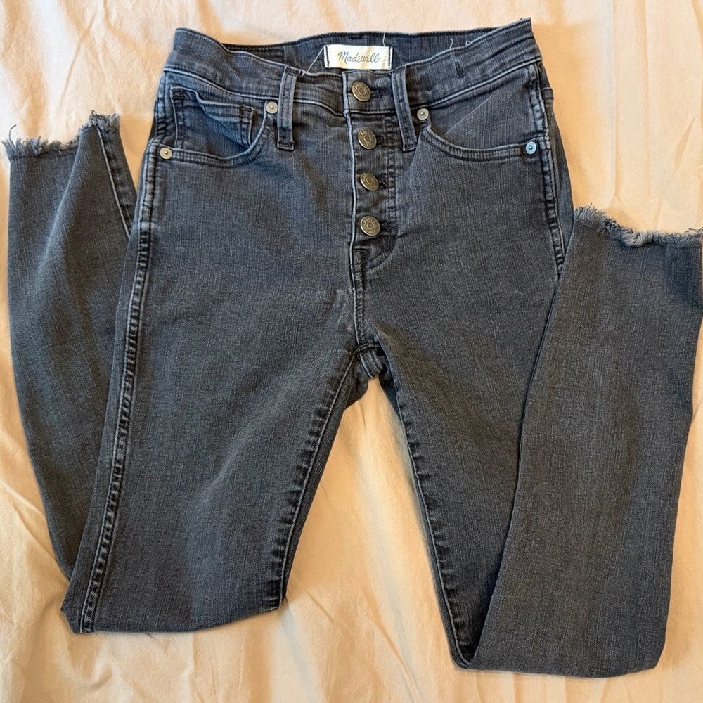 Madewell 10" High Rise Skinny Jeans Size 24P Gray Button Fly Raw Hem Petite